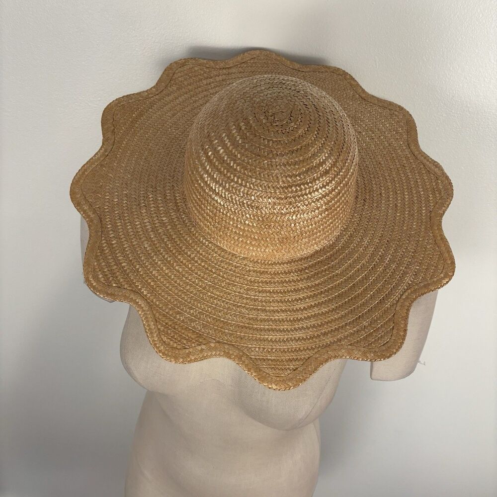 VTG Betmar Womens Beige Tan Straw Wide Sun Hat Scalloped Edge Made in Italy - Picture 2 of 9